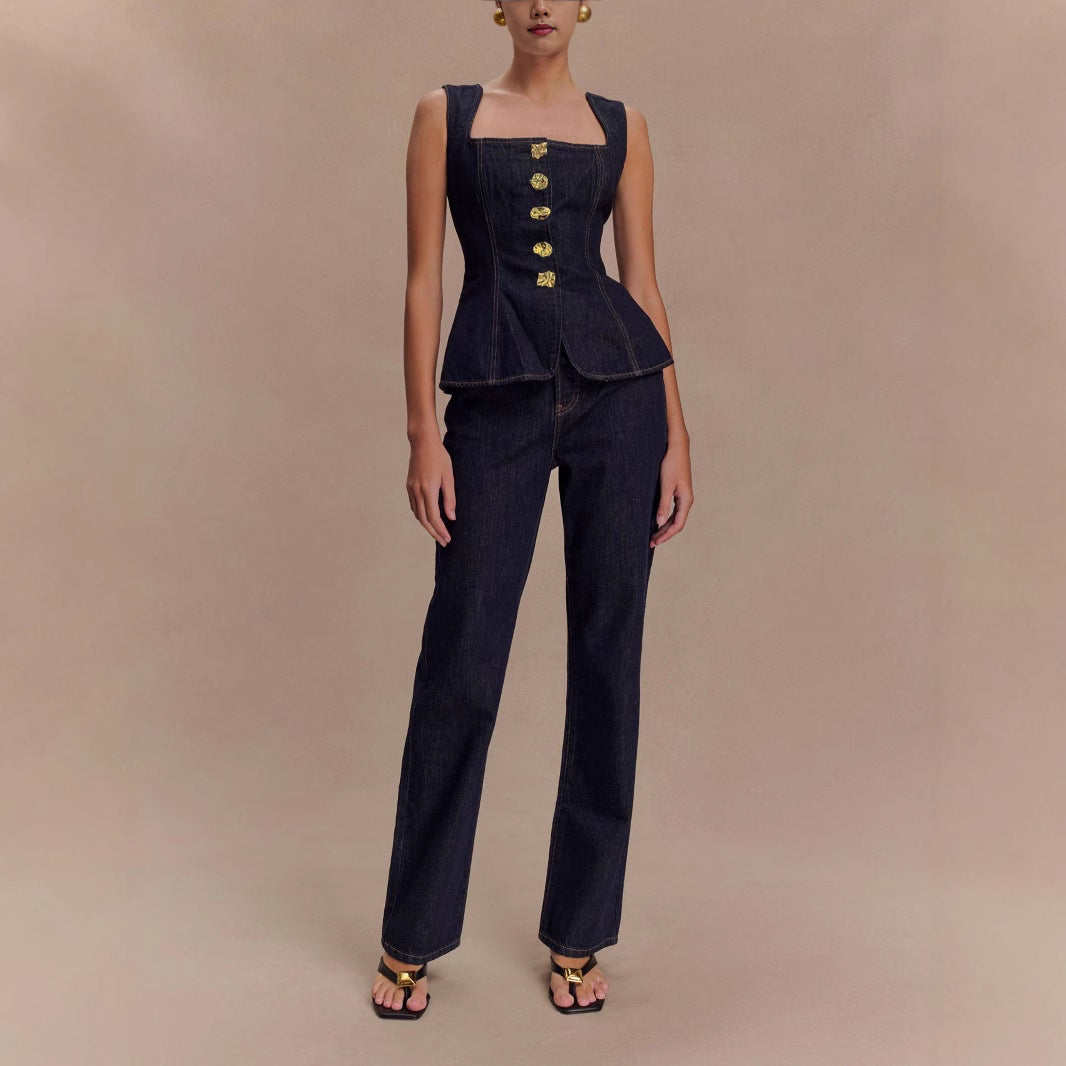 Conjunto Top Denim Peplum y Pantalón