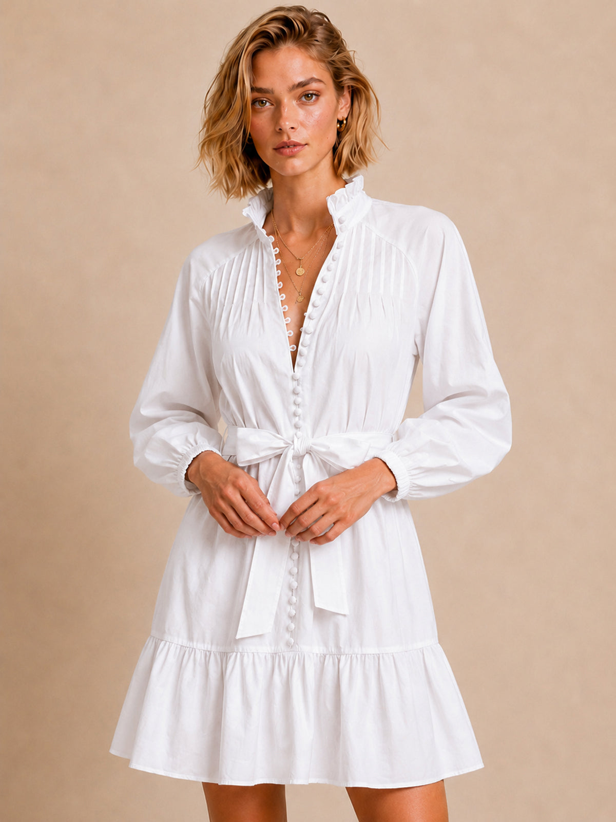 Vestido Mini con Cuello Volante y Lazada en la Cintura