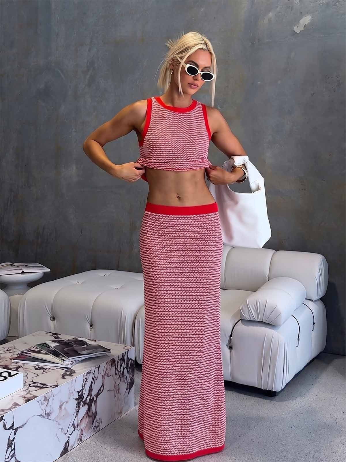 Conjunto Top Corto y Falda Maxi de Punto
