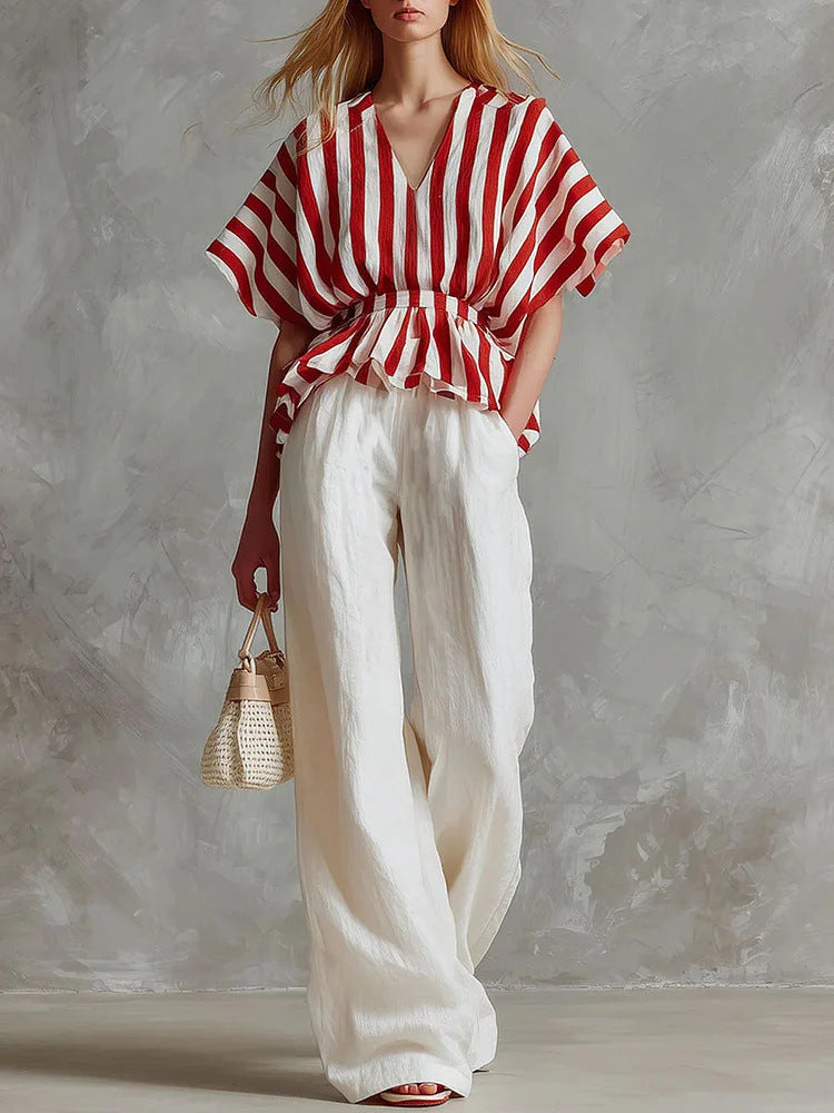 Conjunto Top Peplum a Rayas y Pantalón Wide-Leg