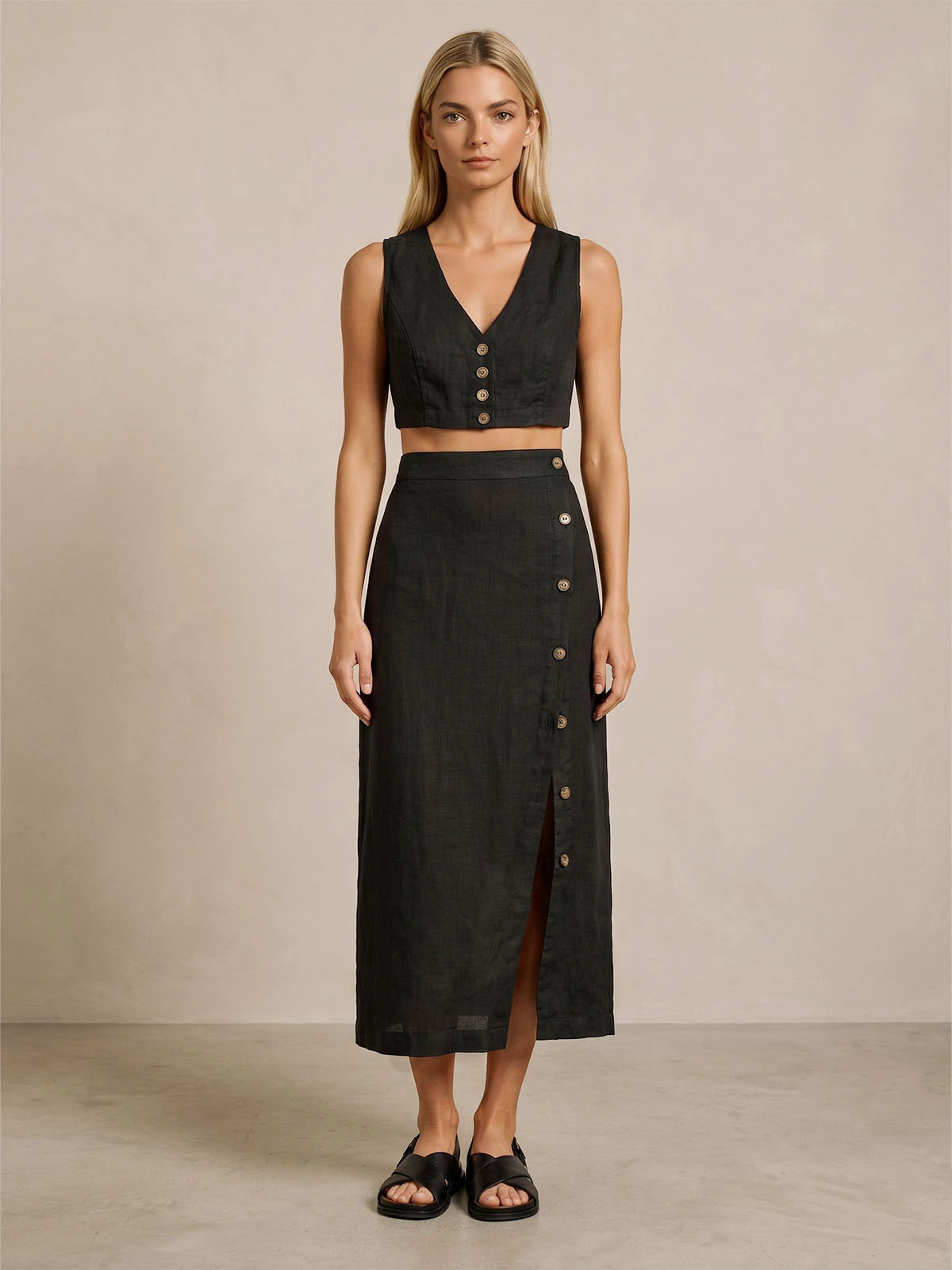 Falda Midi Lino Botones Laterales