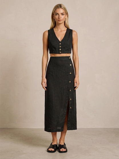 Falda Midi Lino Botones Laterales
