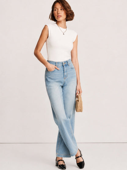 Jeans Anchos Costura Frontal de Algodón