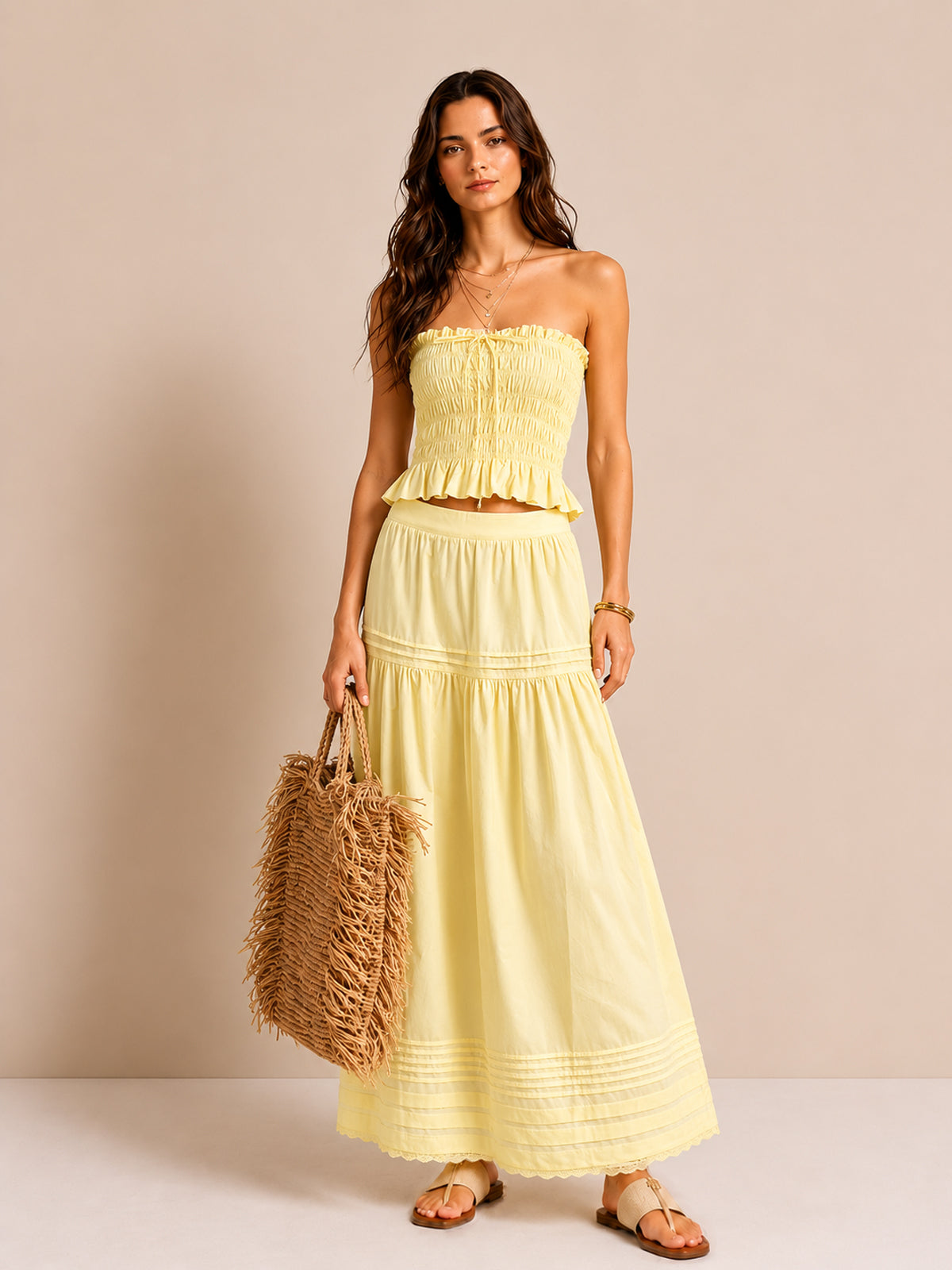 Vestido Maxi Fruncido Sin Tirantes