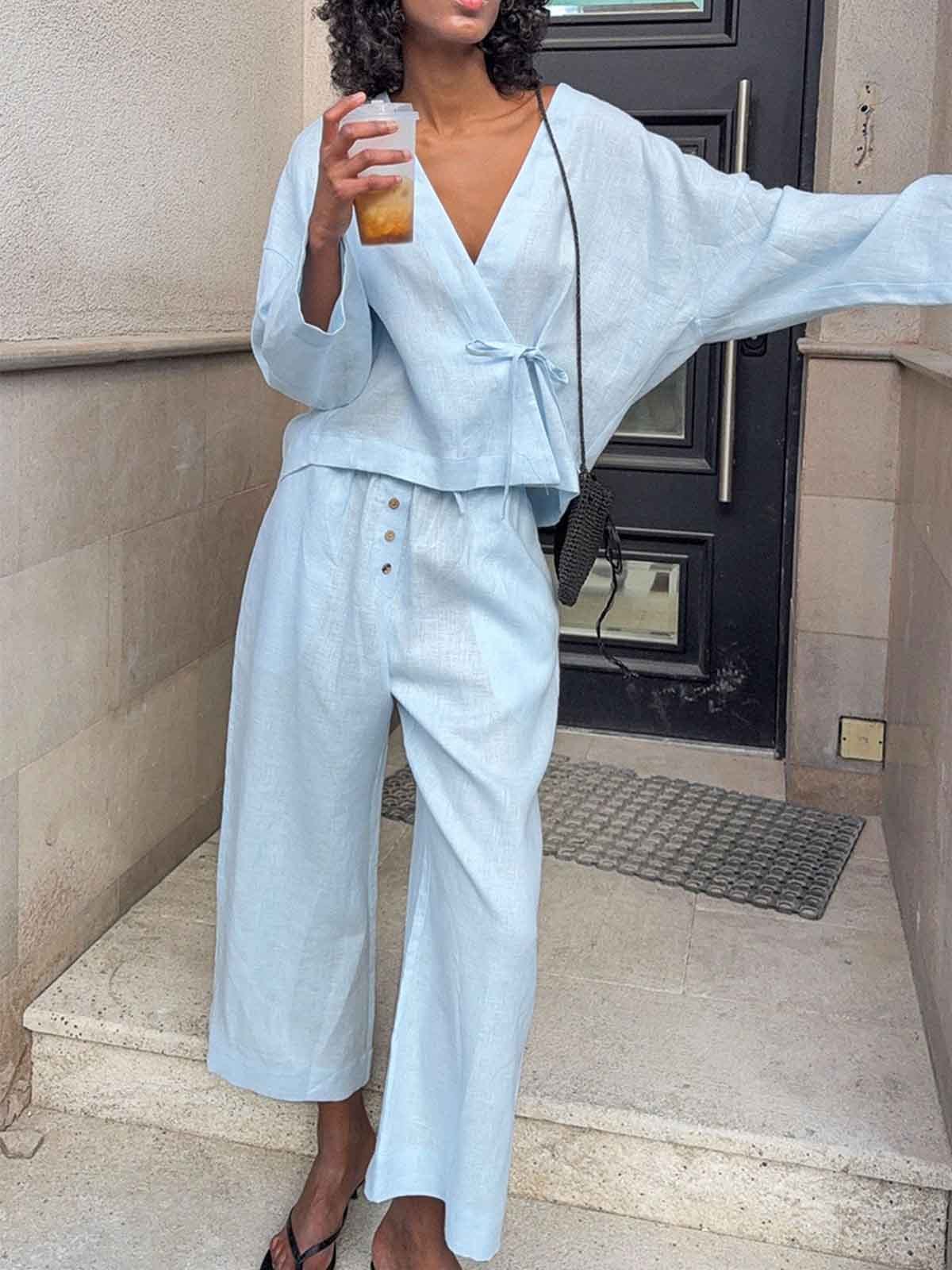 Conjunto Top Cruzado de Lino y Pantalón Wide-Leg