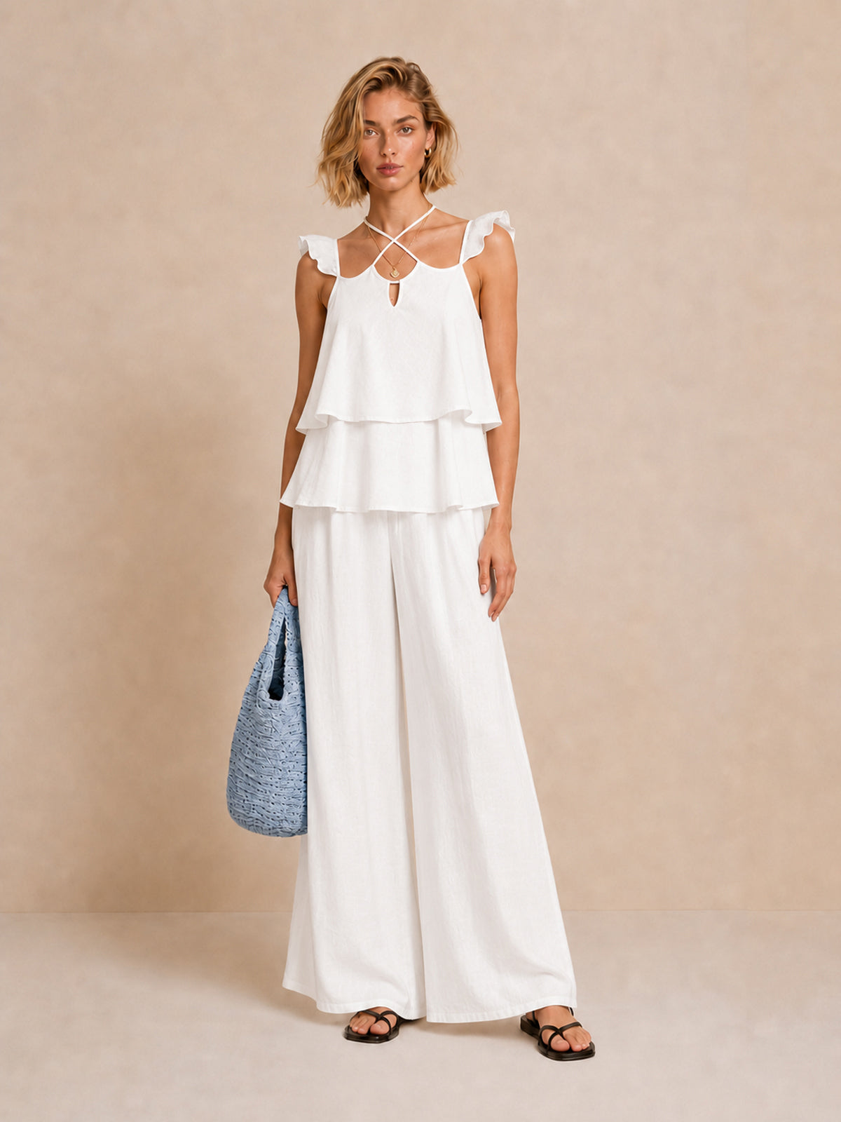 Conjunto Top de Volantes por Capas y Pantalón Wide-Leg