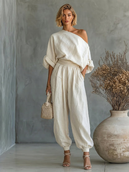 Conjunto Top Asimétrico de Un Hombro y Pantalón Wide-Leg
