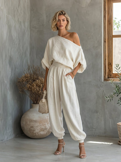 Conjunto Top Asimétrico de Un Hombro y Pantalón Wide-Leg