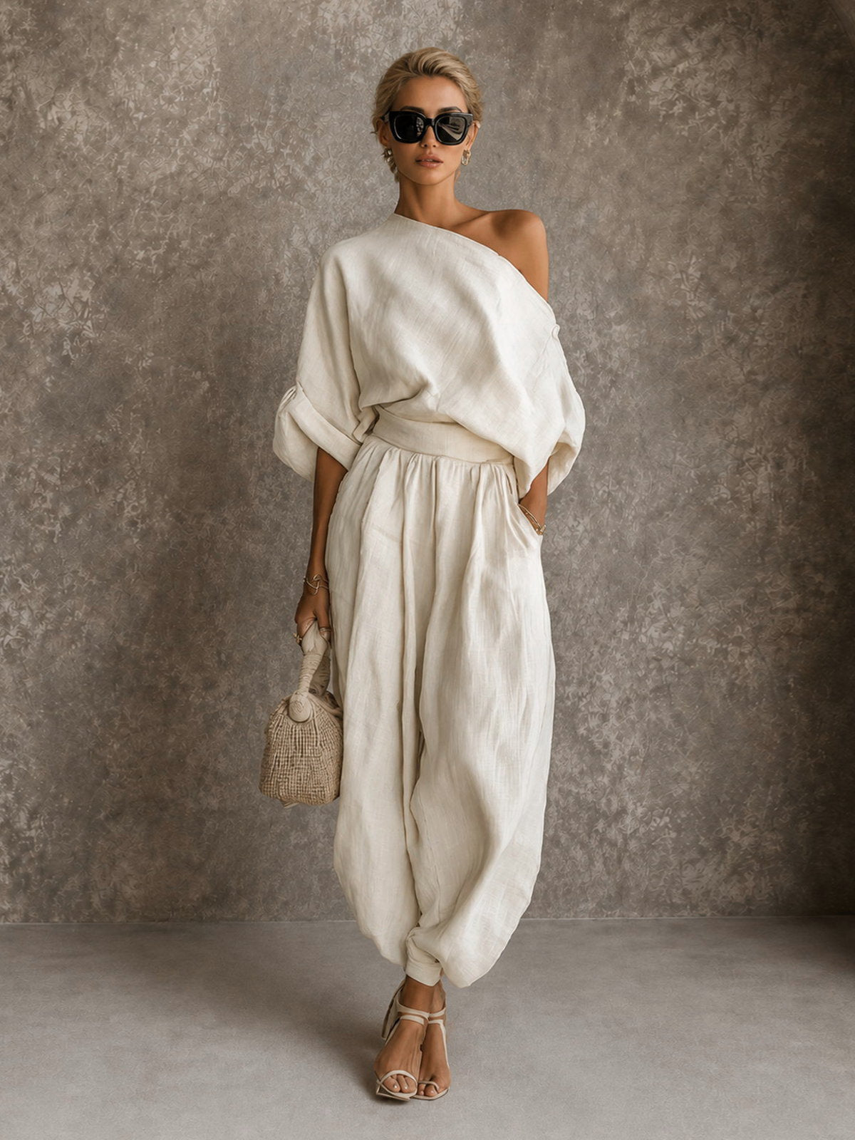 Conjunto Top Asimétrico de Un Hombro y Pantalón Wide-Leg