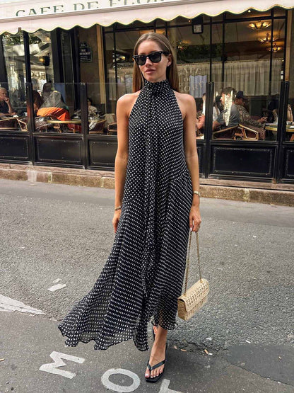 Vestido Maxi Halter de Gasa con Lunares