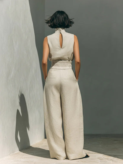 Conjunto Cuello Alto de Lino y Pantalón Wide-Leg