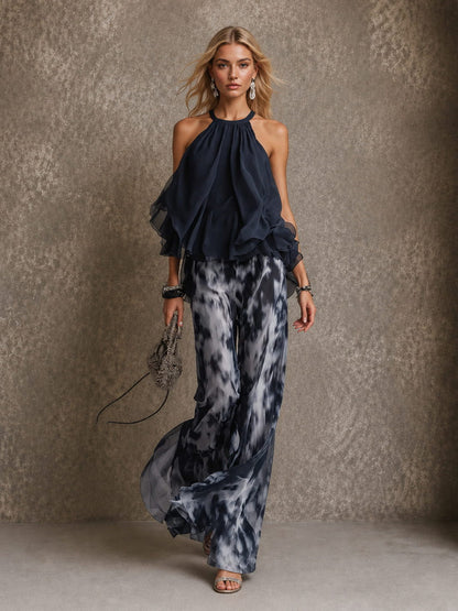 Conjunto Top de Gasa Halter y Pantalón Estampado