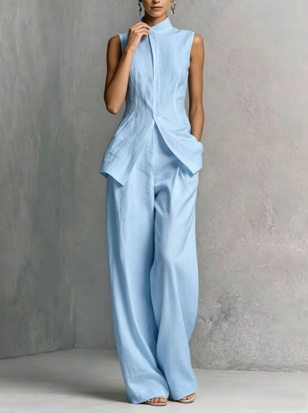 Conjunto Chaleco Cuello Alto de Lino y Pantalón Wide-Leg