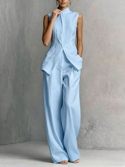 Conjunto Chaleco Cuello Alto de Lino y Pantalón Wide-Leg