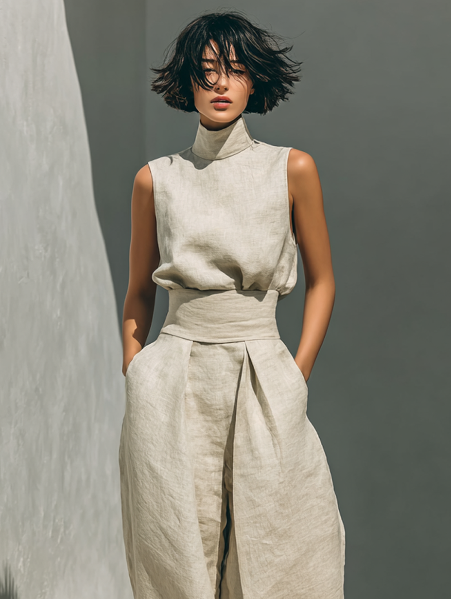 Conjunto Cuello Alto de Lino y Pantalón Wide-Leg