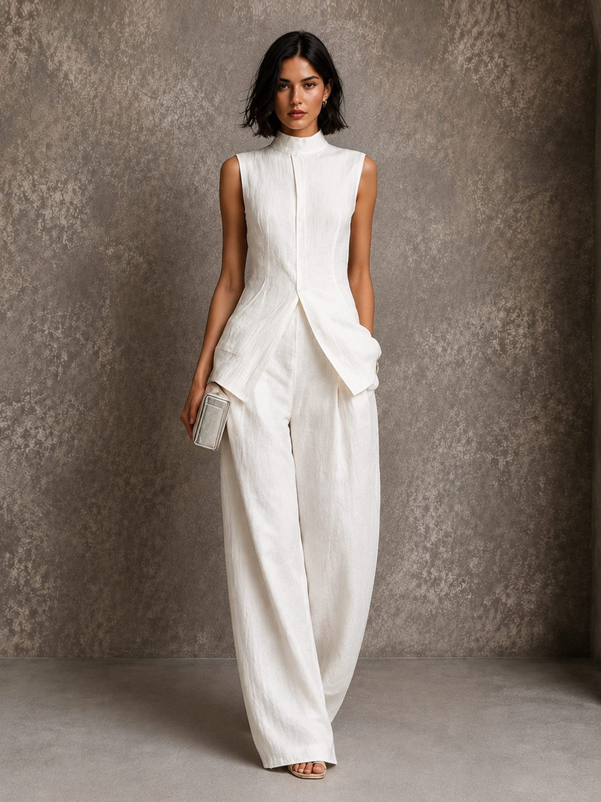 Conjunto Chaleco Cuello Alto de Lino y Pantalón Wide-Leg