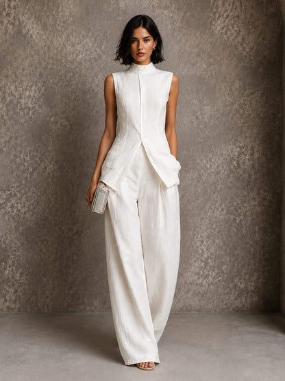 Conjunto Chaleco Cuello Alto de Lino y Pantalón Wide-Leg