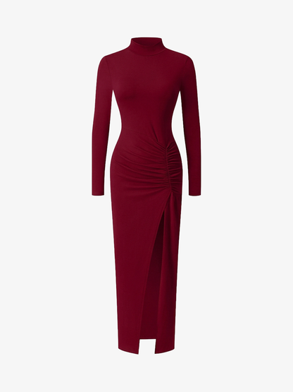 Vestido Maxi Cuello Alto Fruncido