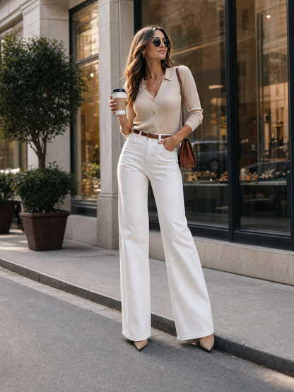 Jeans Acampanados Tiro Alto Blanco