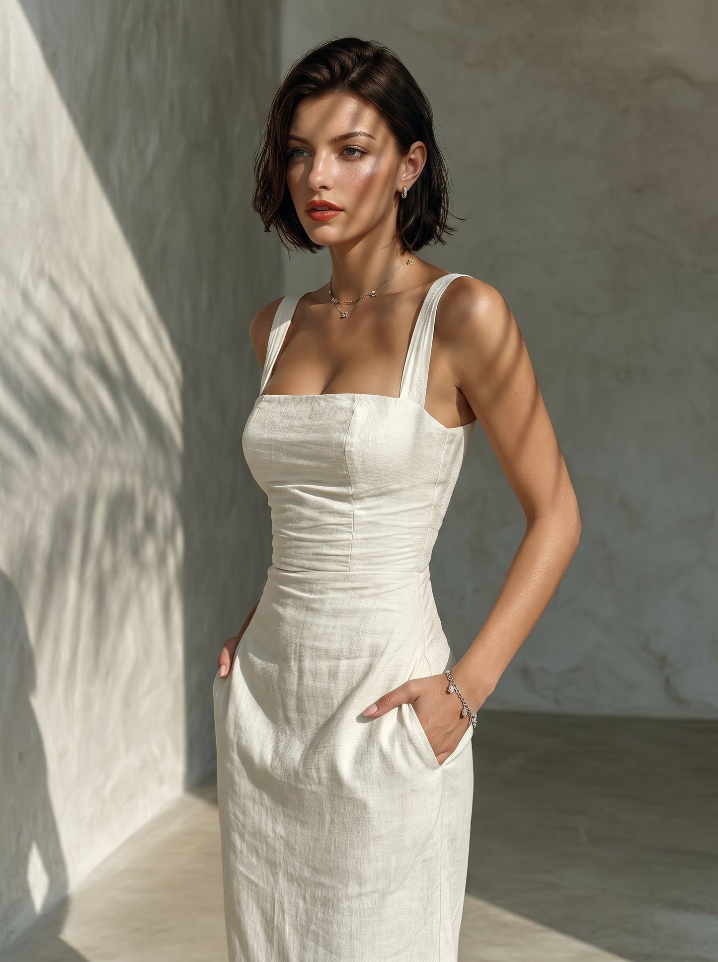 Vestido Midi Cuello Cuadrado de Lino