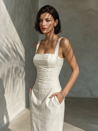 Vestido Midi Cuello Cuadrado de Lino