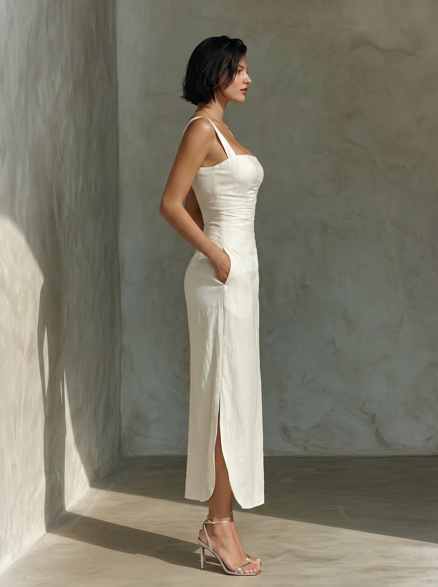 Vestido Midi Cuello Cuadrado de Lino