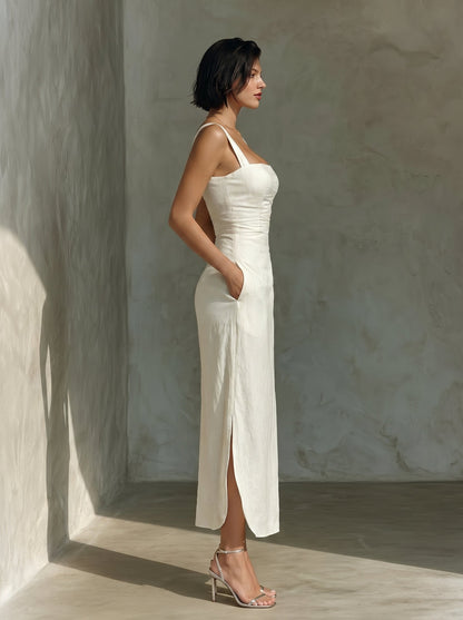 Vestido Midi Cuello Cuadrado de Lino