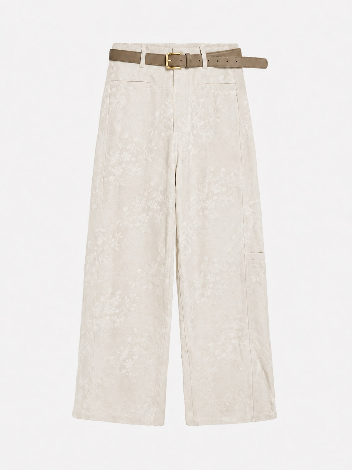 Pantalón Ancho Jacquard Floral con Cinturón