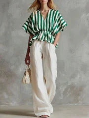 Conjunto Top Peplum a Rayas y Pantalón Wide-Leg