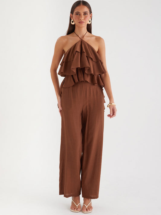 Conjunto Top Halter con Volantes y Pantalón Wide-Leg