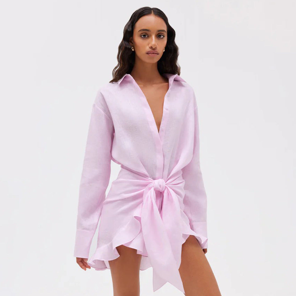 Vestido Mini Camisero con Lazada en la Cintura