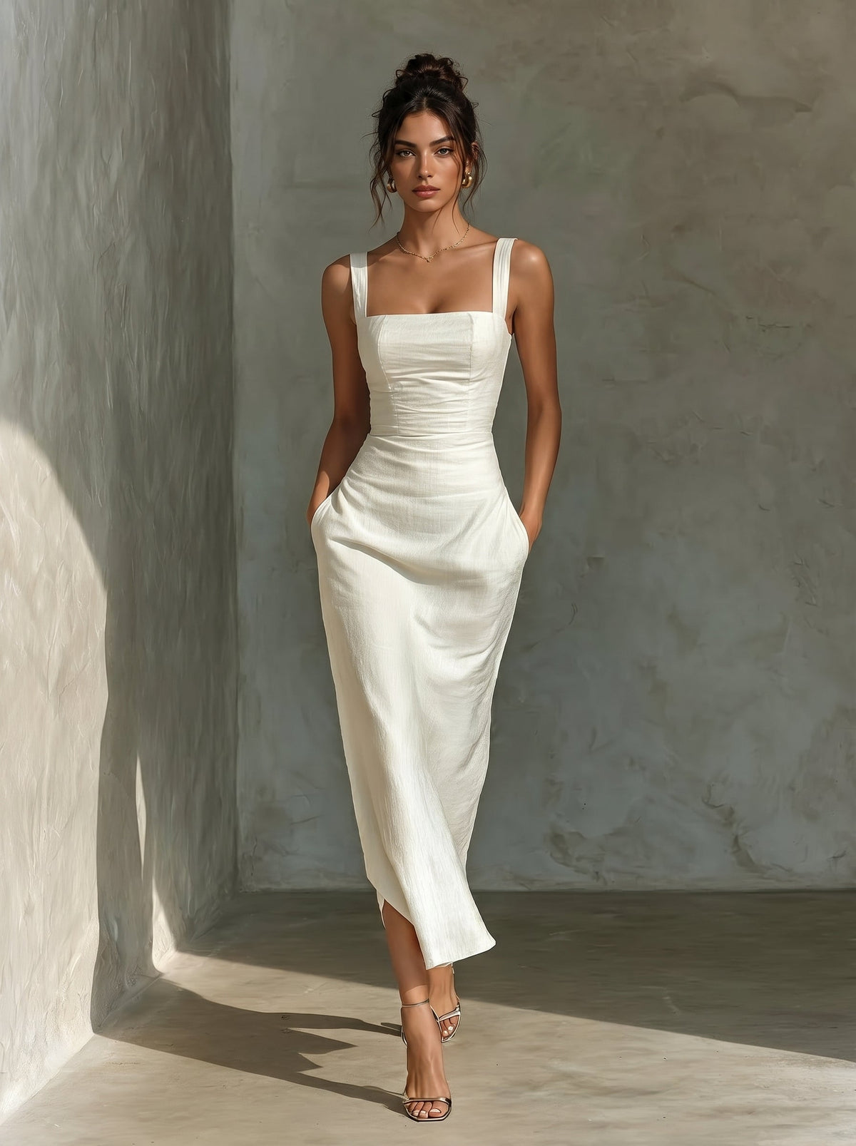 Vestido Midi Cuello Cuadrado de Lino