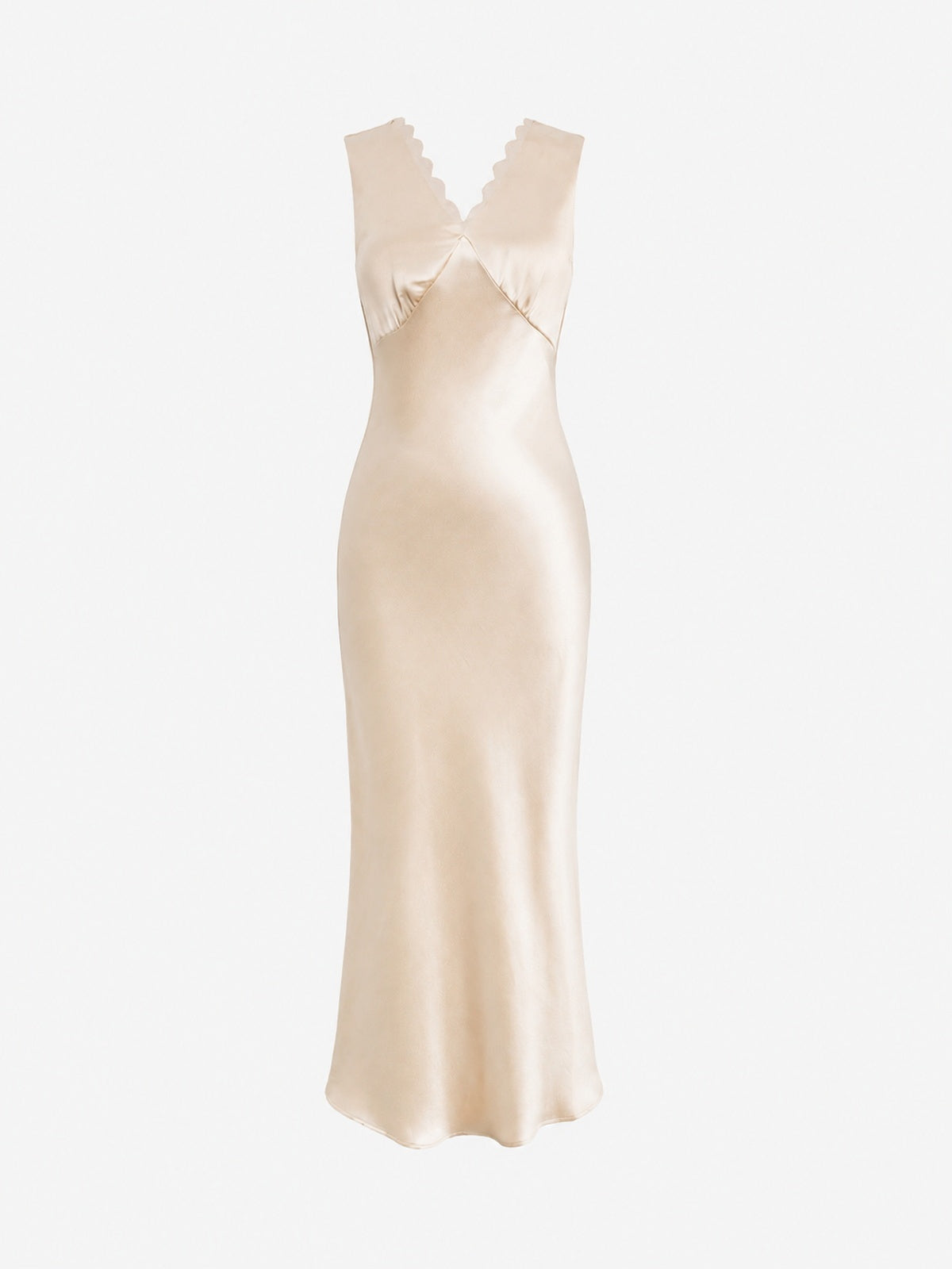 Vestido Maxi Satinado Cuello Festoneado