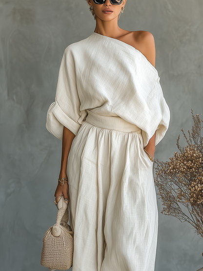 Conjunto Top Asimétrico de Un Hombro y Pantalón Wide-Leg