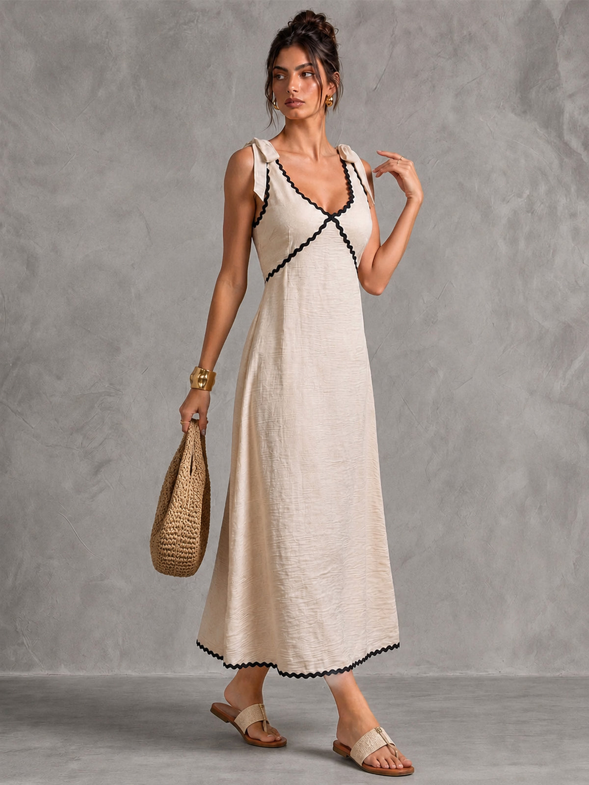 Vestido Midi con Tirantes y Ribete