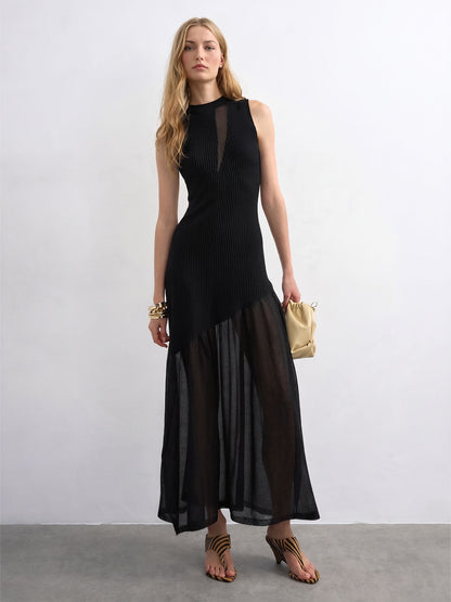 Vestido Maxi de Punto con Panel Transparente