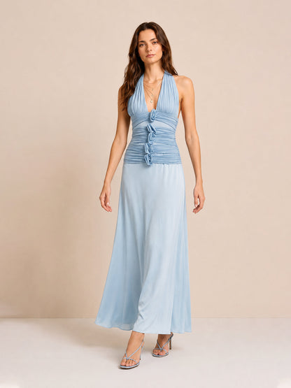 Vestido Maxi Halter con Flores en Relieve