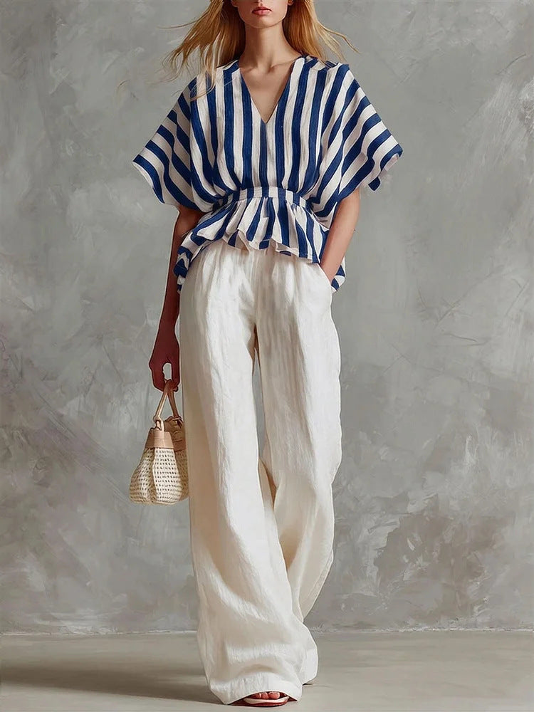 Conjunto Top Peplum a Rayas y Pantalón Wide-Leg