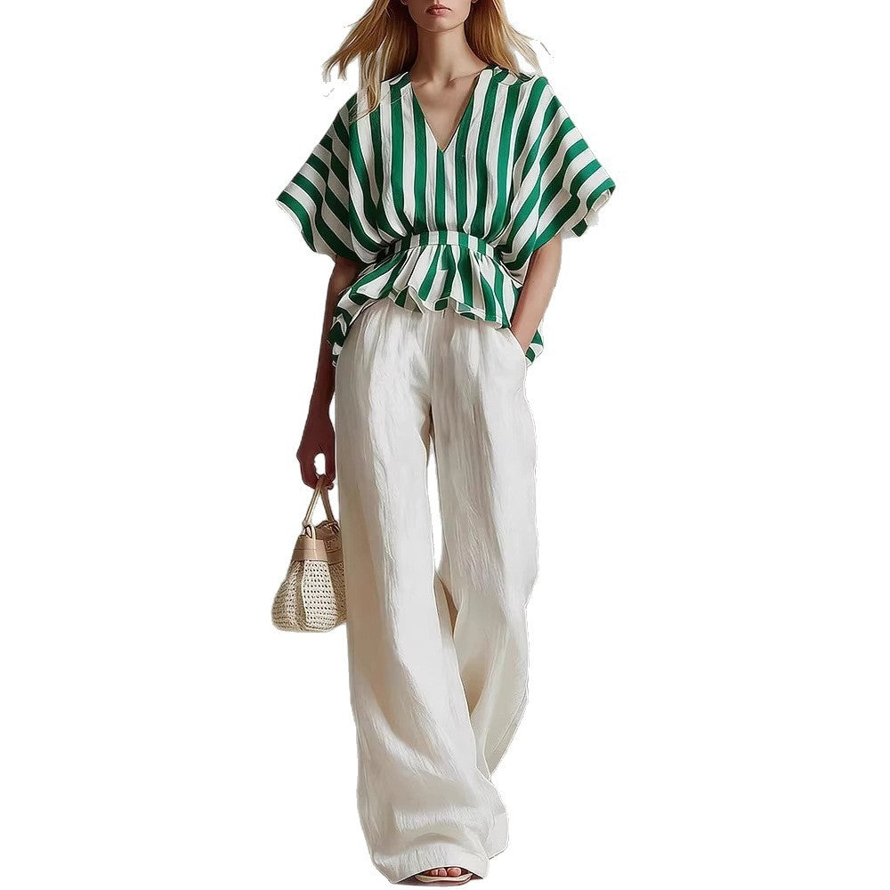 Conjunto Top Peplum a Rayas y Pantalón Wide-Leg