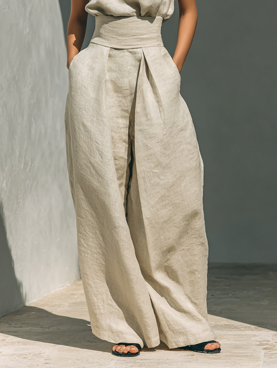 Conjunto Cuello Alto de Lino y Pantalón Wide-Leg