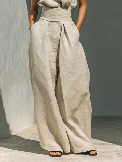Conjunto Cuello Alto de Lino y Pantalón Wide-Leg