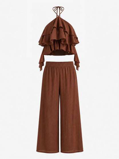Conjunto Top Halter con Volantes y Pantalón Wide-Leg