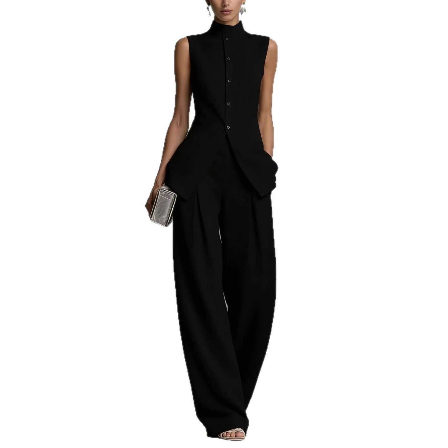 Conjunto Chaleco Cuello Alto de Lino y Pantalón Wide-Leg