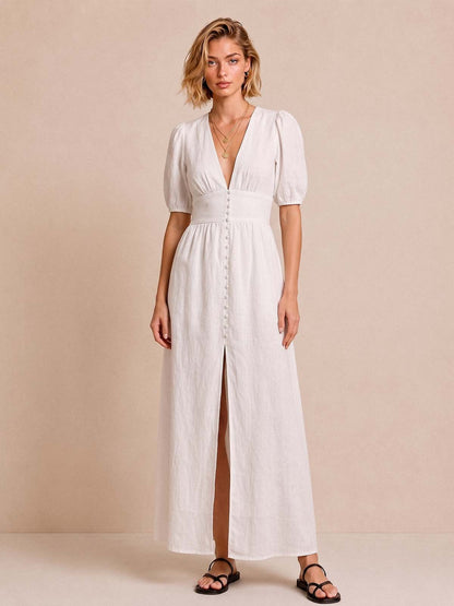 Vestido Midi Manga Abullonada Cuello en V