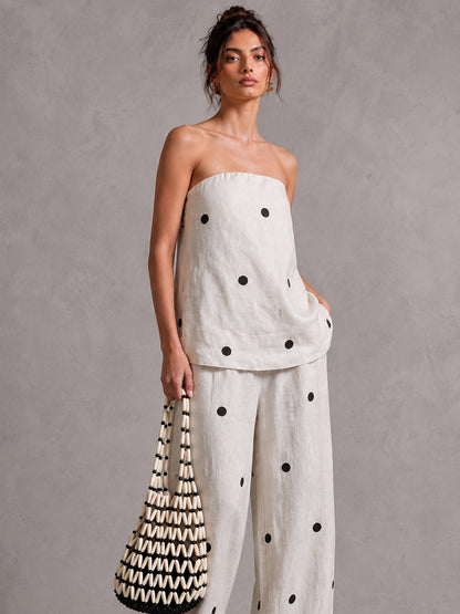 Conjunto Top de Lunares Sin Tirantes y Pantalón Wide-Leg