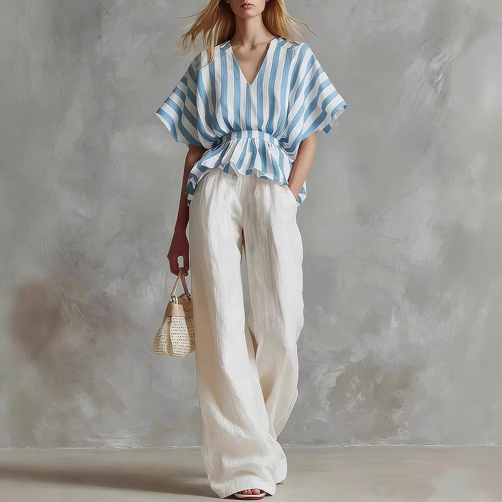 Conjunto Top Peplum a Rayas y Pantalón Wide-Leg