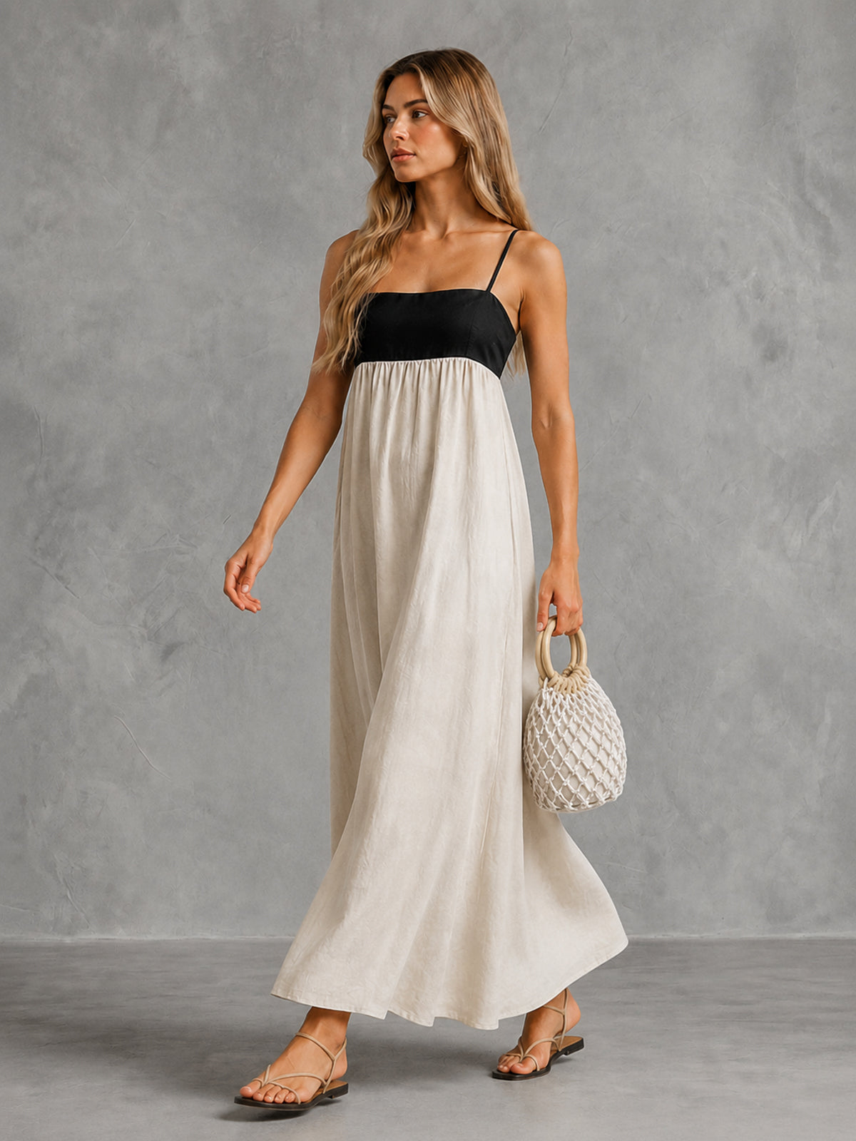 Vestido Maxi Espalda Abierta con Contraste