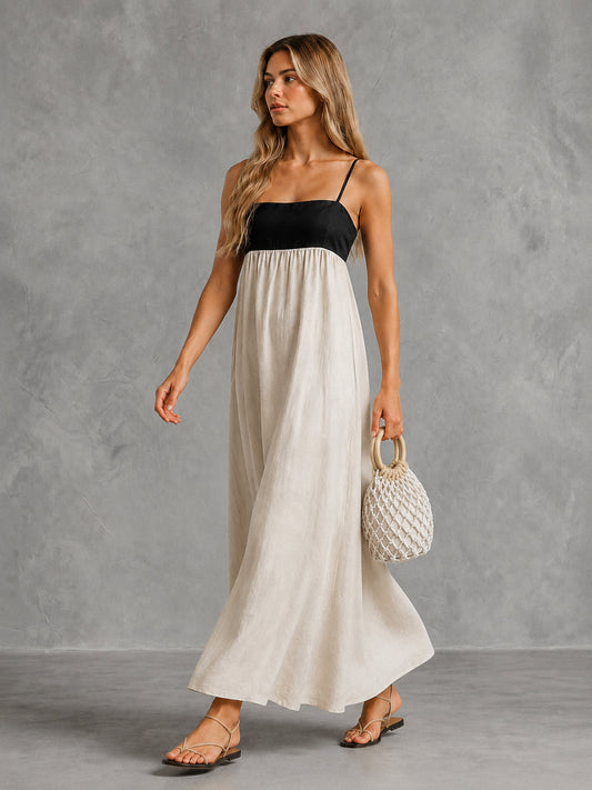 Vestido Maxi Espalda Abierta con Contraste
