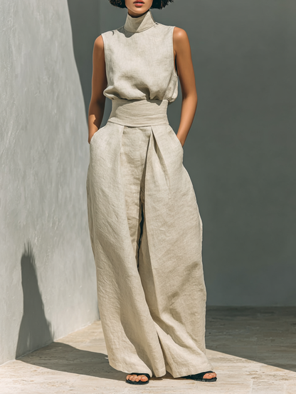Conjunto Cuello Alto de Lino y Pantalón Wide-Leg