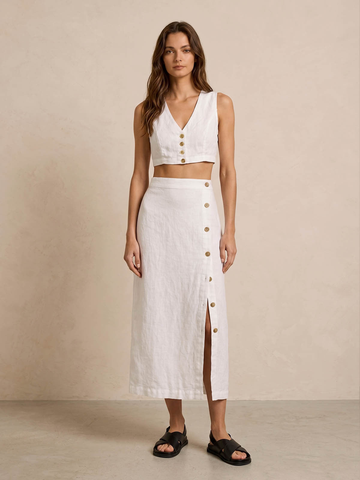 Falda Midi Lino Botones Laterales